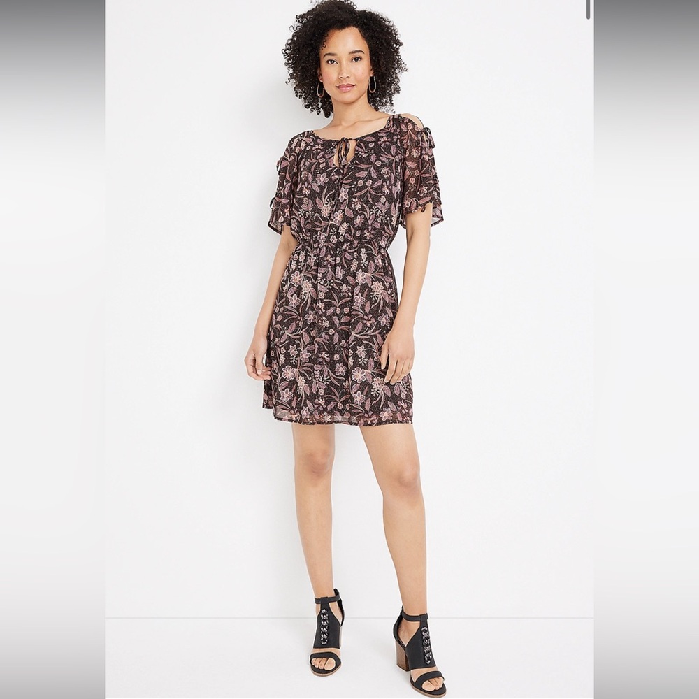 Maurices Floral Cold Shoulder Black & Pink Short Sleeve‎ Mini Dress Sz M NEW